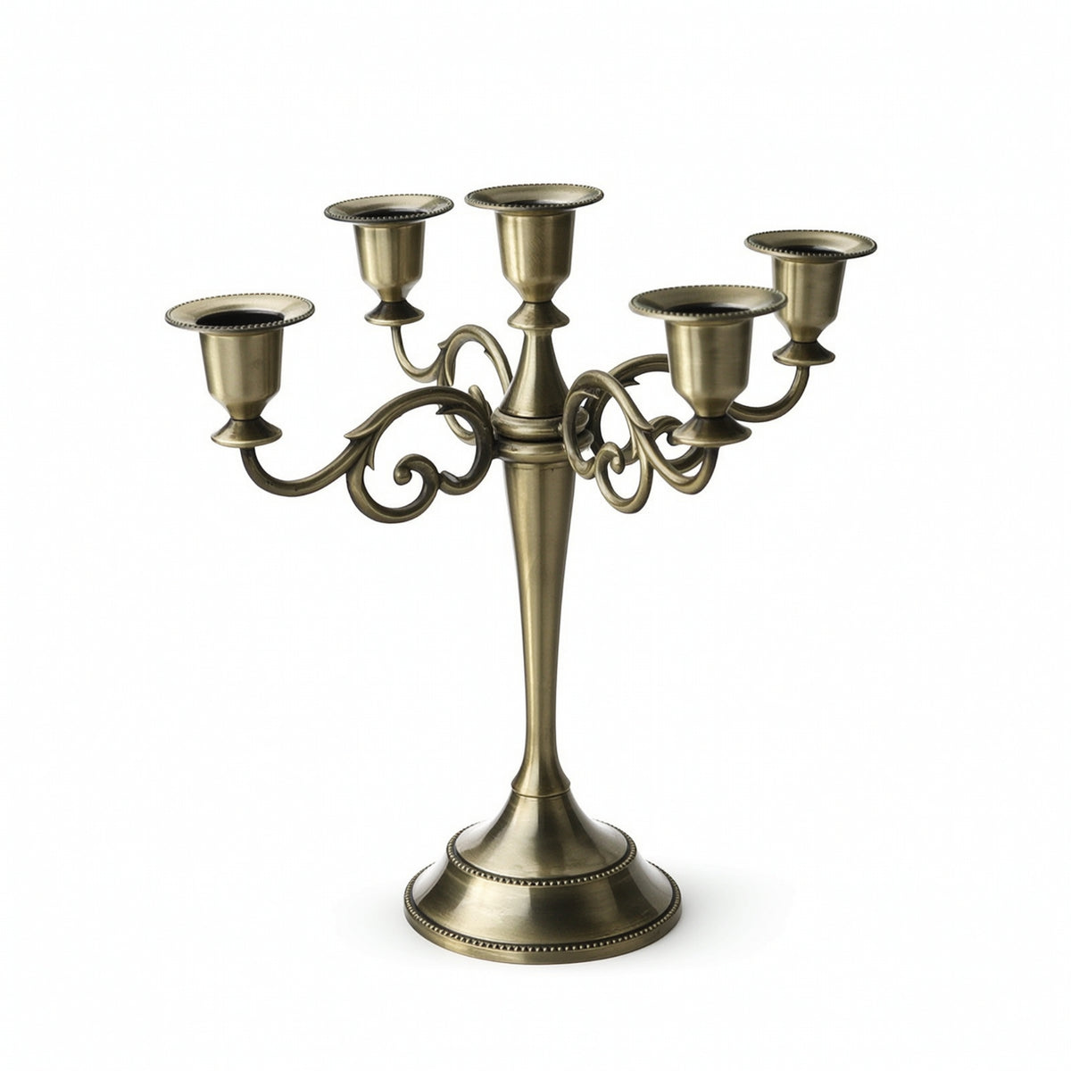 Five-Arm Candelabra Polished Metal 5-Arm Candelabra Candlestick Holder with Five Cups Scrollwork Table Centerpiece Tabletop
