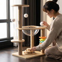 Space Capsule Cat Bed Wood Cat Climbing Frame with Turntable Toy, Multi Level Activity Center for Adult Indoor Cats and Small Kittens Pets