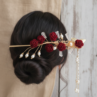 Red Rose Hairpin Tassel Side Clip for Cheongsam Hanfu Daily Wear