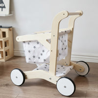 Toy Pram with Textile Basket Pretend Play Doll Stroller Wooden Toy Cart Sturdy Kids Shopping Cart Roomy for Toddlers, Playroom