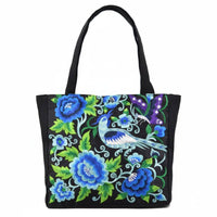 Large Capacity Embroidered Tote Bag Vibrant Colors Ethnic Design Handbag Lightweight Peony Bird Embroidery Bag Zipper Closure for Shopping, Casual Outings, Beach
