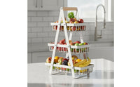 Space Saving Tiered Fruit Basket Large Capacity Multi-Level Food Basket Raised Edges Kitchen Countertop Rack Wooden Handle for Living Room