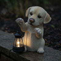 Resin Dog Garden Statue with Lantern Waterproof Puppy Statue with Solar Light Hand-Painted Dog Figurine with Lantern Decorative for Pathway