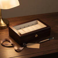 Lacquered Glass-Topped Watch Box Wood Grain Watch Display Box Padded Interior Gold-Tone Lock
