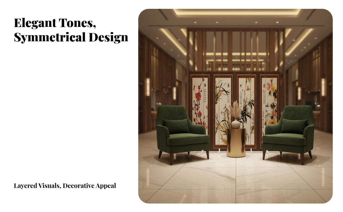 Foldable 4-Panel Art Partition Waterproof Folding Screen Chinese design Painting Room separater Freestanding for Interior Decorators, Business Owners, Bedroom, Studio Apartment, Restaurant, teleconference Calls