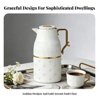 Floral Embossed Insulated Container Jug Ribbed Hot Water Jug Gold-Tone Trim Tea Server Side Handle