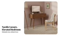 Dense Wood Construction Wooden Vanity Set with Round Mirror Nordic Design Vanity Set with Lighted Mirror Large Storage Capacity Dressing Table Includes Matching Stool for Women, Adults, Homeowners, Walk-in Closet, Apartment