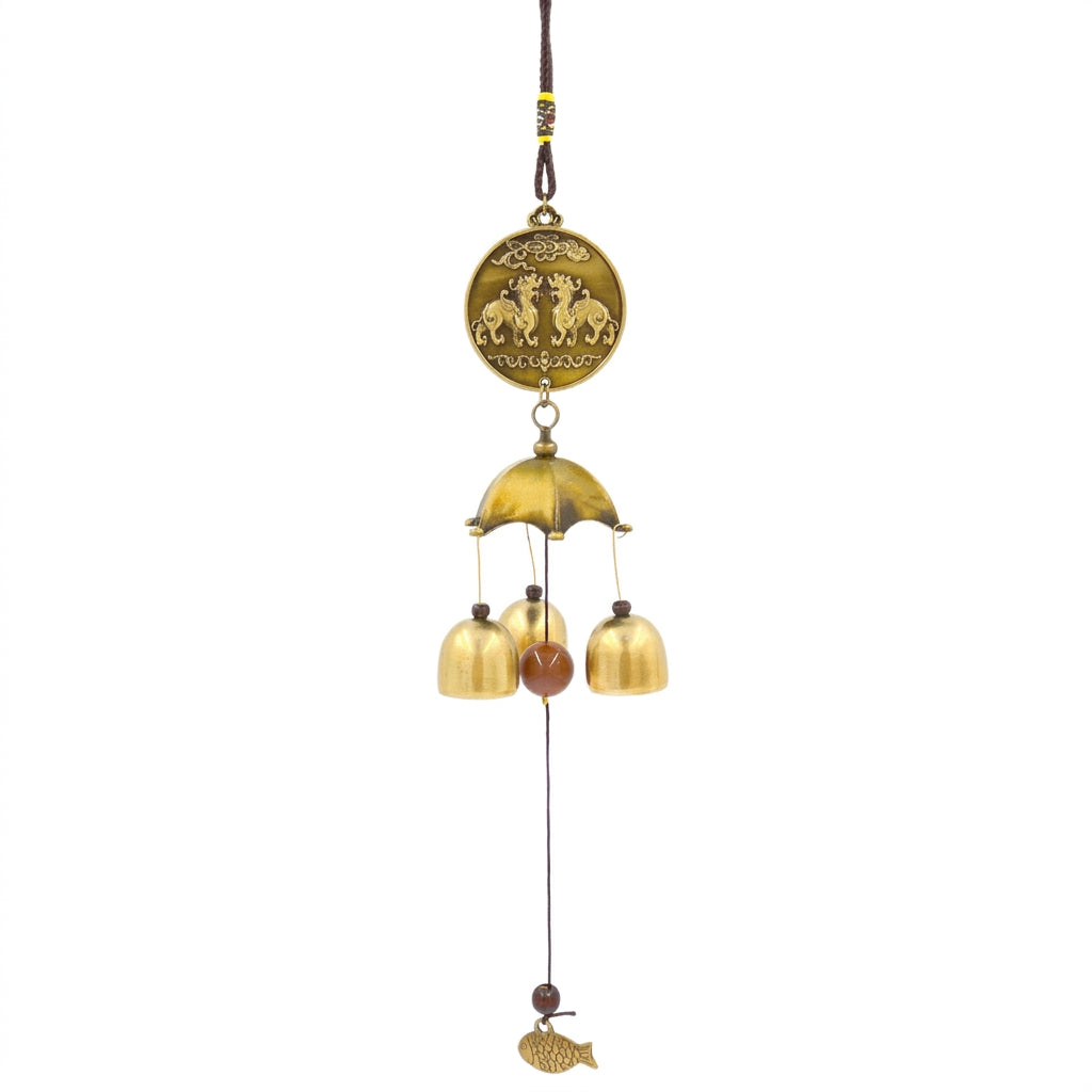 Wind Chime "Pi Xiu" in Chinese Style, Metal, Zinc Alloy, Copper, Wood, Fabric, Gold/Brown