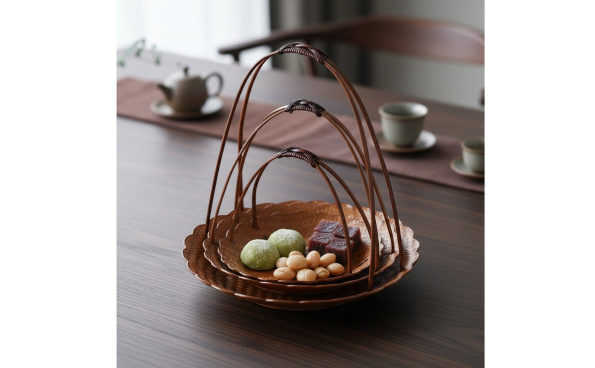 3 Pieces Natural Bamboo Basket with Arched Handle Artisan-Made Serving Tray with Handle Rustic Woven Basket Tray Portable for Hosts, Tea Service, Tabletop Display, Coffee Table