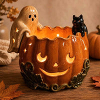 跨境Handmade Ceramic Pumpkin Bowl with Ghost Cat幽灵猫南瓜烛