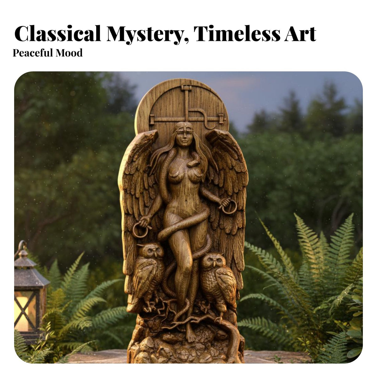 Resin Altar Idol Intricate Details Deity with Owls Statue Wood-Like Finish Winged Deity Plaque for Pagans, Witches, Garden, Meditation Space