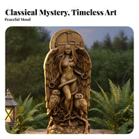Resin Altar Idol Intricate Details Deity with Owls Statue Wood-Like Finish Winged Deity Plaque for Pagans, Witches, Garden, Meditation Space