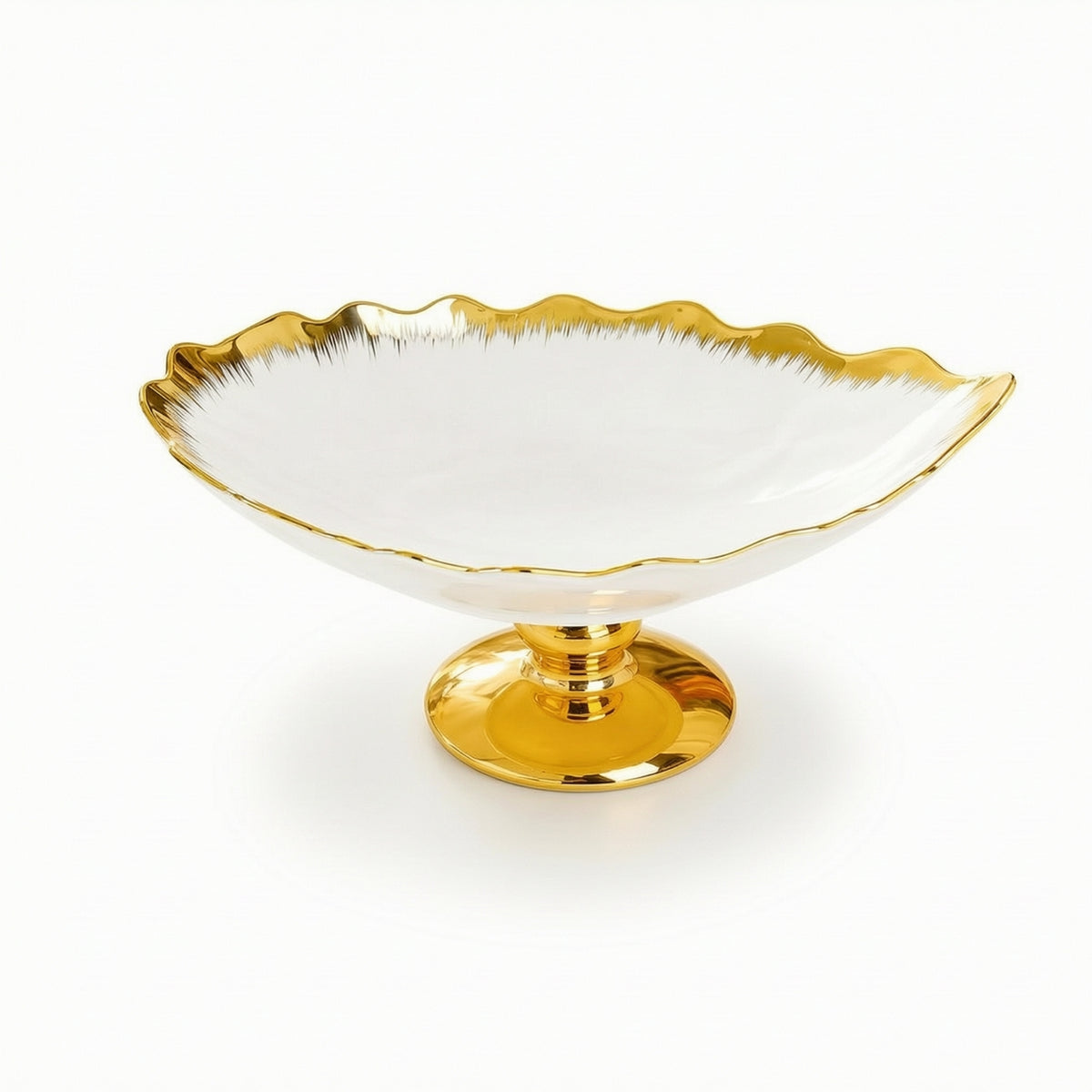 Scalloped Ceramic Fruit Bowl with Pedestal Shallow Footed Bowl Wide Decorative for Tabletop, Dining Table