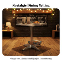Industrial Look Folding Chair and Pedestal Table Retro Design Square Table with 4 Chairs Sturdy Construction Restaurant Dining Set Space-Saving for Cafe Owners, Homeowners, Snack Bar, Diner, Food Court