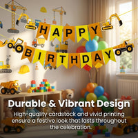 Construction Vehicle Birthday Banner for Kids Party, Theme Birthday Party Banner Pull Flag, Kids Party Decorations, OPP Bag Packaging