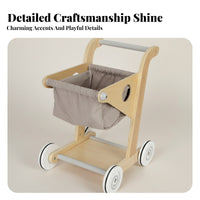 Four Wheels Wooden Shopping Cart Open Design Pretend Grocery Cart for Toddlers, Walking Practice