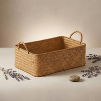 Handwoven Basket Braided Rectangular Storage Basket Space Saving Woven Bin for Cabinet
