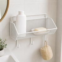Wall-Mounted Bathroom Shelf with Hooks, No-Drill Shower Caddy for Toiletries and Storage