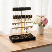Three-Tier Jewelry Display Stand Tabletop Jewelry Organizer with Tray Gold-Tone Earring Holder Tangleuntangled for Women, Teens, Vanity, Dresser, Bedroom