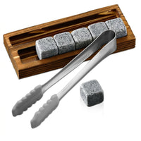 Gift for Him Whisky Stones Gift Set with 9 Chilling Stones, Bar Accessories with Silicone Ice Clip Set, Granite Rocks Reusable, Wood Barware