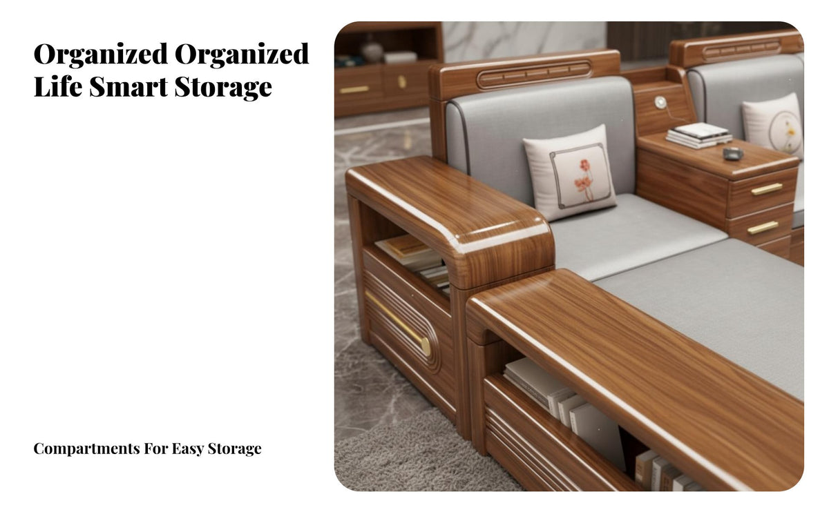 Wooden Frame Sofa with Drawers New Chinese design aesthetic sectional Storage Sofa Modern Minimalist living area design Room Furniture for Homeowners, Home, Lounge Area