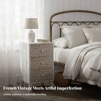 French Country Design 3-Drawer Carved Nightstand Wabi-Sabi Inspired 3-Drawer Carved Front Cabinet Distressed Finish Bedside Table Vintage Aesthetic for Guesthouse Owners, Interior Decorators, New Homeowners, Bedroom, Guest Room, Entryway, Hallway