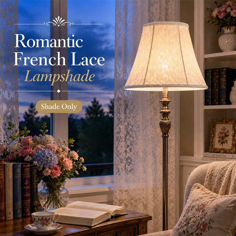 French Luxury Lace Fabric Crystal Floor Lamp Shade, Nordic Retro Copper Bedside Lamp Shade Accessory