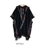 Ethnic Hooded Cape, Women's Pullover Shawl, Travel Scarf, Tassel Design, Multi-Color, Autumn, Photo Outfit