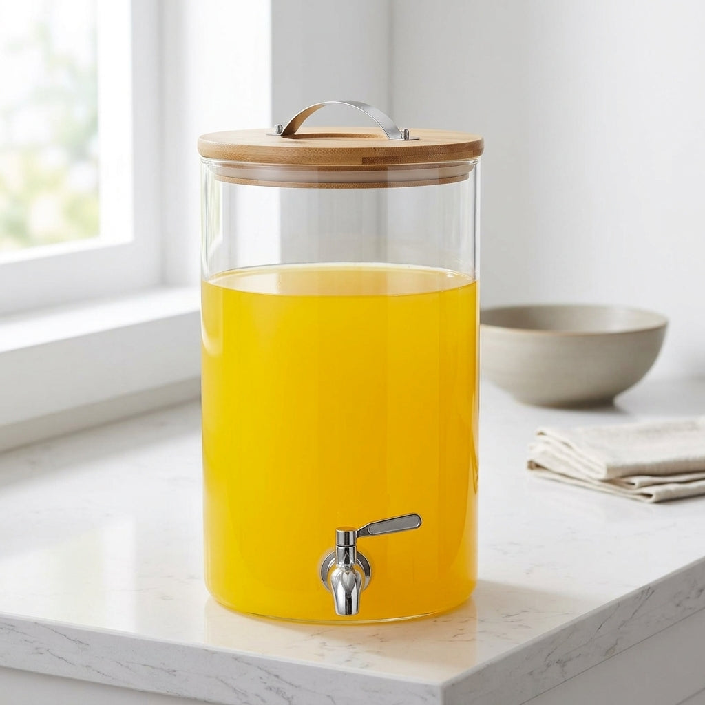 Beverage Dispenser with Wood Stand and Lid, Glass Juice Dispenser for Parties, Large Capacity Iced Tea and Lemonade Dispenser Kitchen Outdoor Use