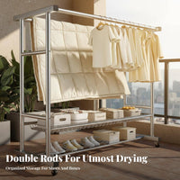 Rust-Proof Stainless Steel Drying Rack Thickened Tubes Double Rod Garment Rack Heavy-Duty Freestanding Clothes Organizer Stable Structure for Homemakers, Apartment Dwellers, Balcony, Outdoor, Bedroom, Dorm Room