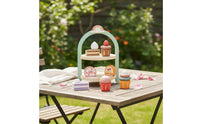 Wooden Dessert Rack with Imitation Desserts Tabletop Cake Toy with Cupcake Stand Colorful Wooden Dessert Playset for Kids, Playroom, Preschool