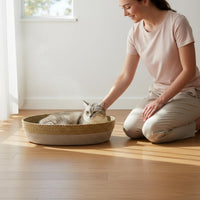 Scratch Resistant Oval Cooling Cat Bed Breathable Braided Rattan Cat Bed Long-Lasting Pet Furniture Comfortable for Multiple Cats, Summer