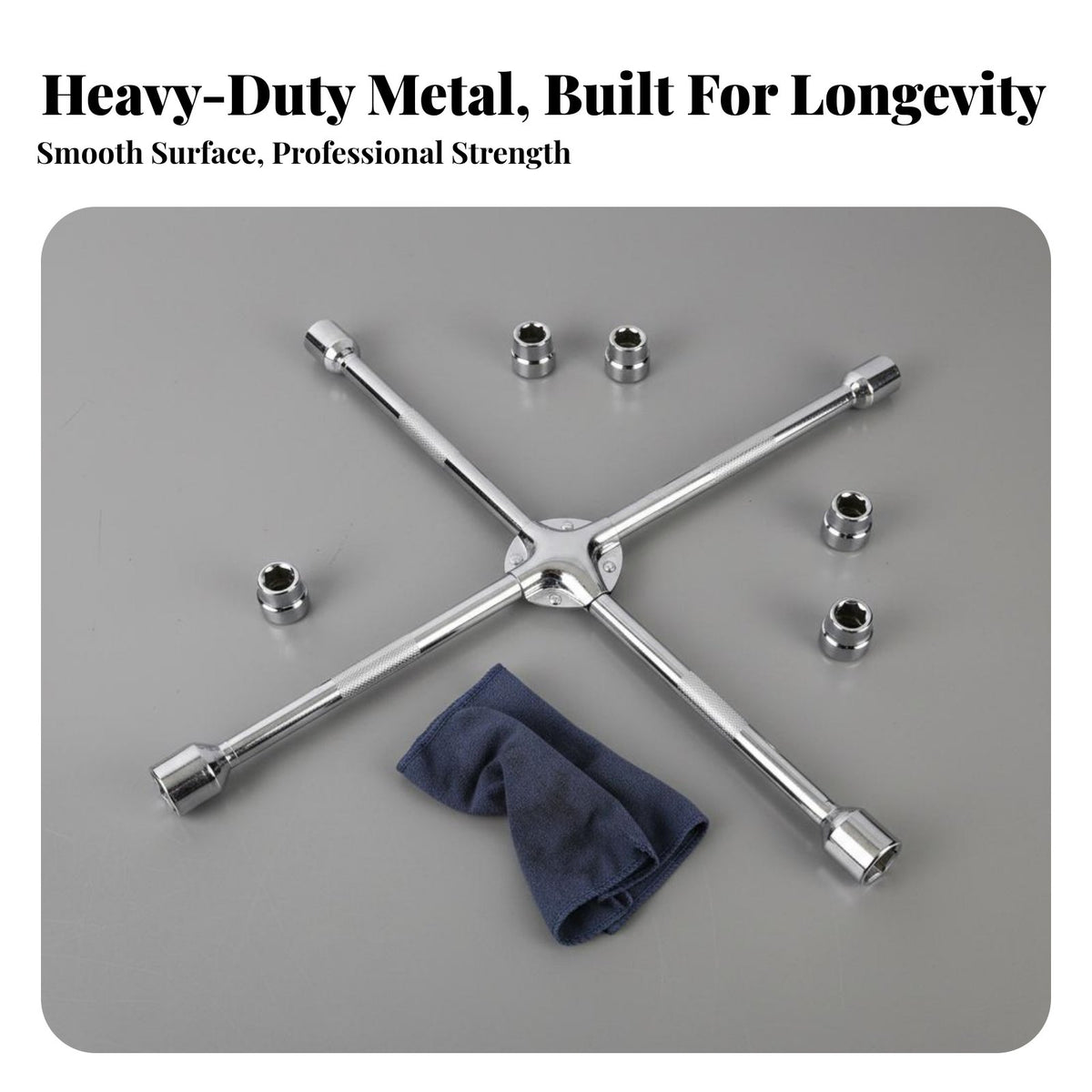 High Rotational Force 4-Way Lug Wrench Long-Lasting Steel Construction 4 Way Cross Wrench Easy Leverage