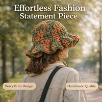 Chunky Yarn Handmade Crochet Bucket Hat for Women Winter Warm Fisherman Cap, Ladies Fashion with Wavy Ruffle Brim for Autumn