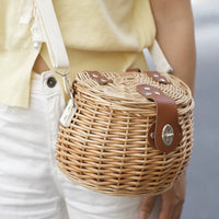 Handwoven Kids Front Bike Basket Natural Woven Wicker Bike Basket Lined Faux Leather Straps for Children