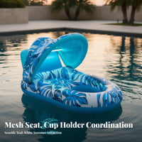 Foliage Print Design Inflatable Canopy Pool Lounger Comfortable Headrest Pool Buoyant Lounger with Canopy Puncture-Resistant Material Inflatable Lounge Chair with Sun Shade Quick Inflation & Deflation for Adults, Beach, Lake, Vacation