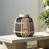 Open-Cage Bamboo Lantern Natural Woven Lantern Ambient Candle Holder with Handle Rustic for Tabletop, Floor, Patio, Garden