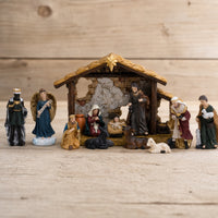 Christmas Nativity Scene Set Holiday Tabletop Nativity Hand-Painted Stable with Figurines Rustic for Collectors, Mantel, Bookshelf