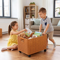 Slimline Woven Storage Basket with Wheels Natural Rolling Storage Basket Portable Utility Cart with Wheels Sturdy for Laundry Room