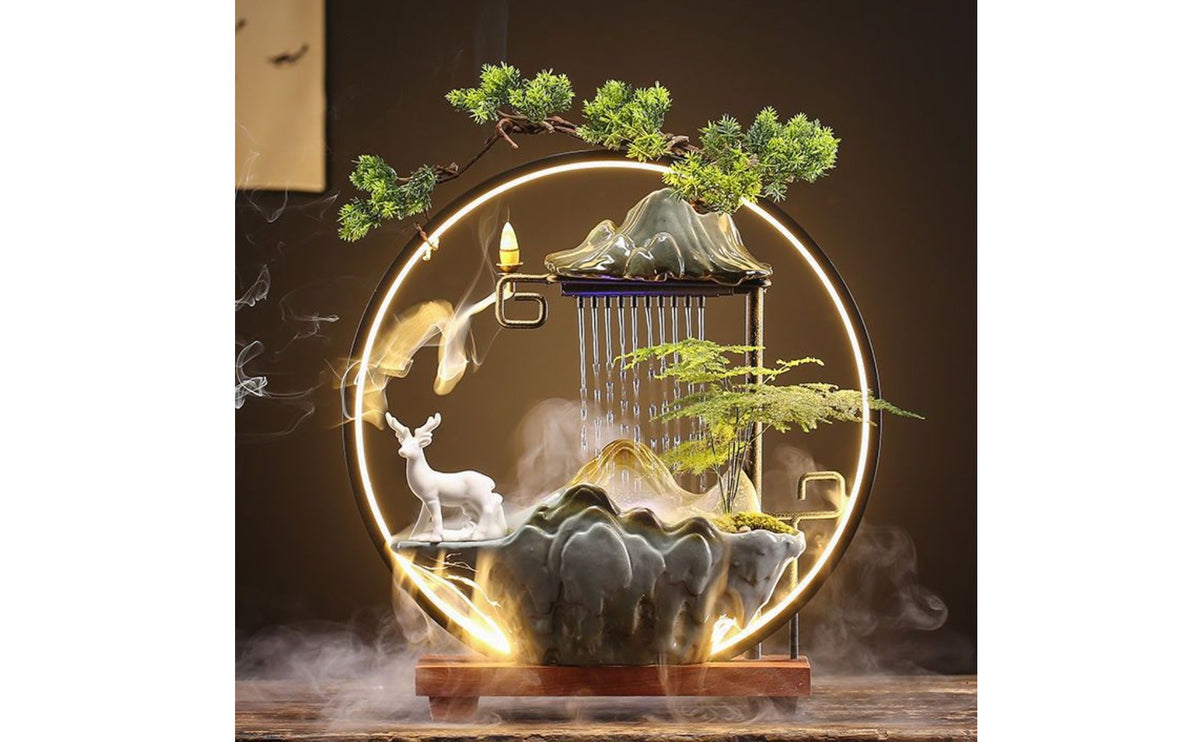 Feng Shui Decor Circulating Water Ornament Quiet Pump Indoor Waterfall Mist Fountain Backflow Incense Compatible Indoor Waterfall Ornament for Living Room, Entryway, Reception Desk, Meditation Studio