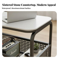 Mobile Design 2-Tier Rolling Trolley Sintered Stone Top 2-Tier Rolling Cart space-efficient Size End Table Space-Saving for Apartment Dwellers, Interior Decorators, Living Room, Bedroom, Small Spaces, Balcony