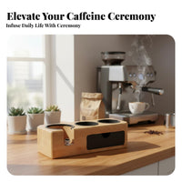 Wooden Espresso Pressing Station Compact Design Walnut-Toned Coffee Pressing Block Universal Fit Solid Wood Portafilter Stand for Home Baristas, Cafe