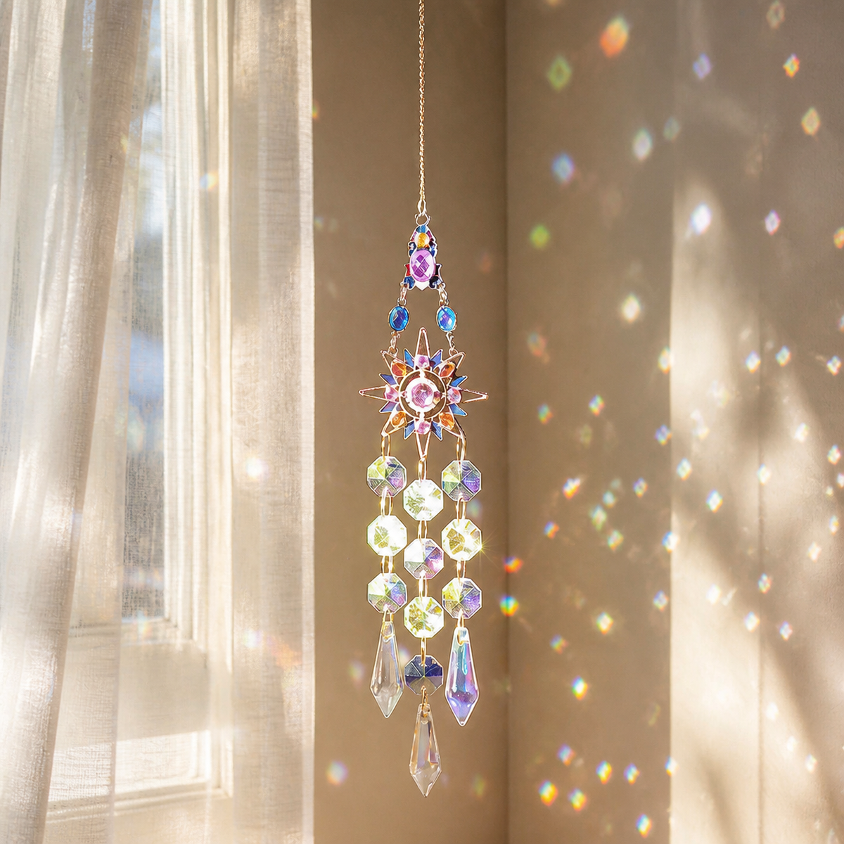 Stained Glass Suncatcher, Handmade Glass Rainbow Maker for Indoor Window, Decorative Ornament with Hook for Children's Room