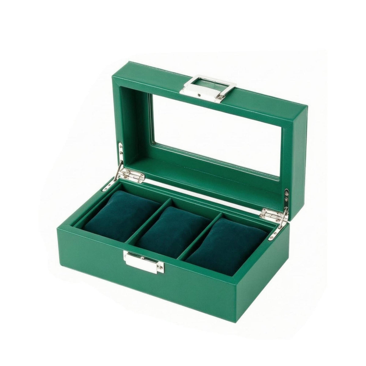 3 Compartments Watch Organizer Box Transparent Window Watch Storage Box Velvet-Lined Metal Clasp