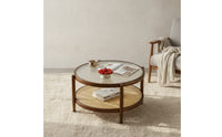 Round Coffee Table Boho Coffee Table with Rattan Shelf Wooden Furniture for Living Room, Small Apartments, Reading Corners