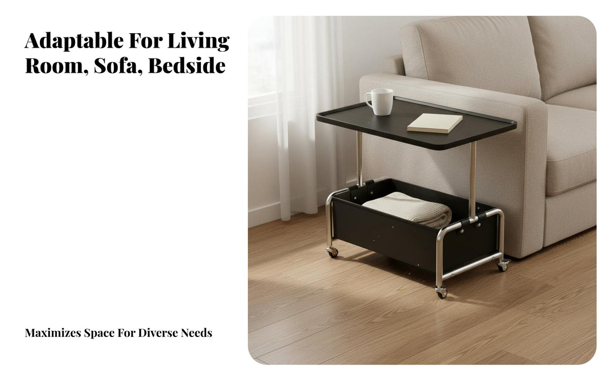 Space Saving Movable Sofa Side Table Multi-Purpose Mobile Bedside Table 360° Rotating Casters 2-Tier Utility Cart Modern Design for Apartment Dwellers, Homeowners, Students, Small Areas, Living Room, Bedroom, Away Ice