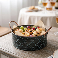 Iron Storage Bucket with Handles Embossed Rustic Metal Bucket Vintage Metal Pail with Handle for Tabletop, Kitchen, Party