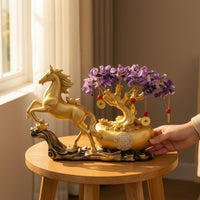Gold-Colored Horse Statue with Wealth Tree Crystal-Like Feng Shui Horse Figurine Tabletop Decor Wealth for Business Owners