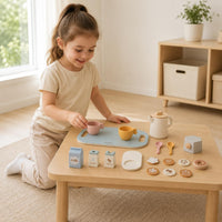 Wooden Coffee Toy Set Pastel Pretend Coffee Set Printed Labels Kids Tea Service
