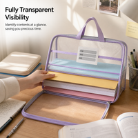 Thickened L-Shaped Mesh Zipper File Bag with Handle for Students, Large Capacity Document Organizer